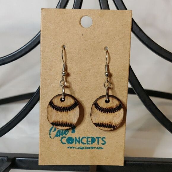 Baseball Laser‎ Cut Wood Earrings - Picture 1 of 4